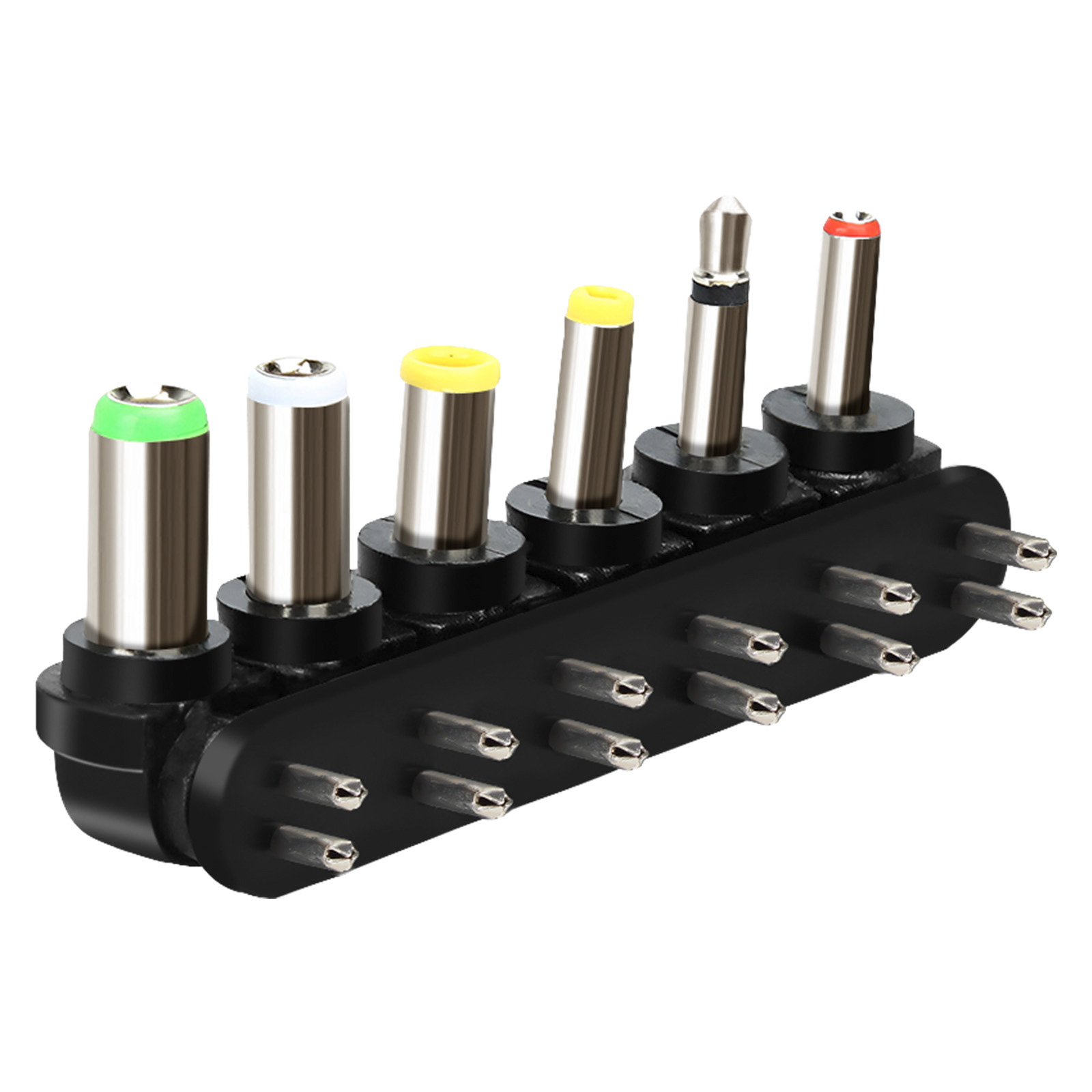 Un adaptateur noir avec plusieurs embouts argentés et colorés pour diverses connexions d'alimentation. Il y a de petites broches.