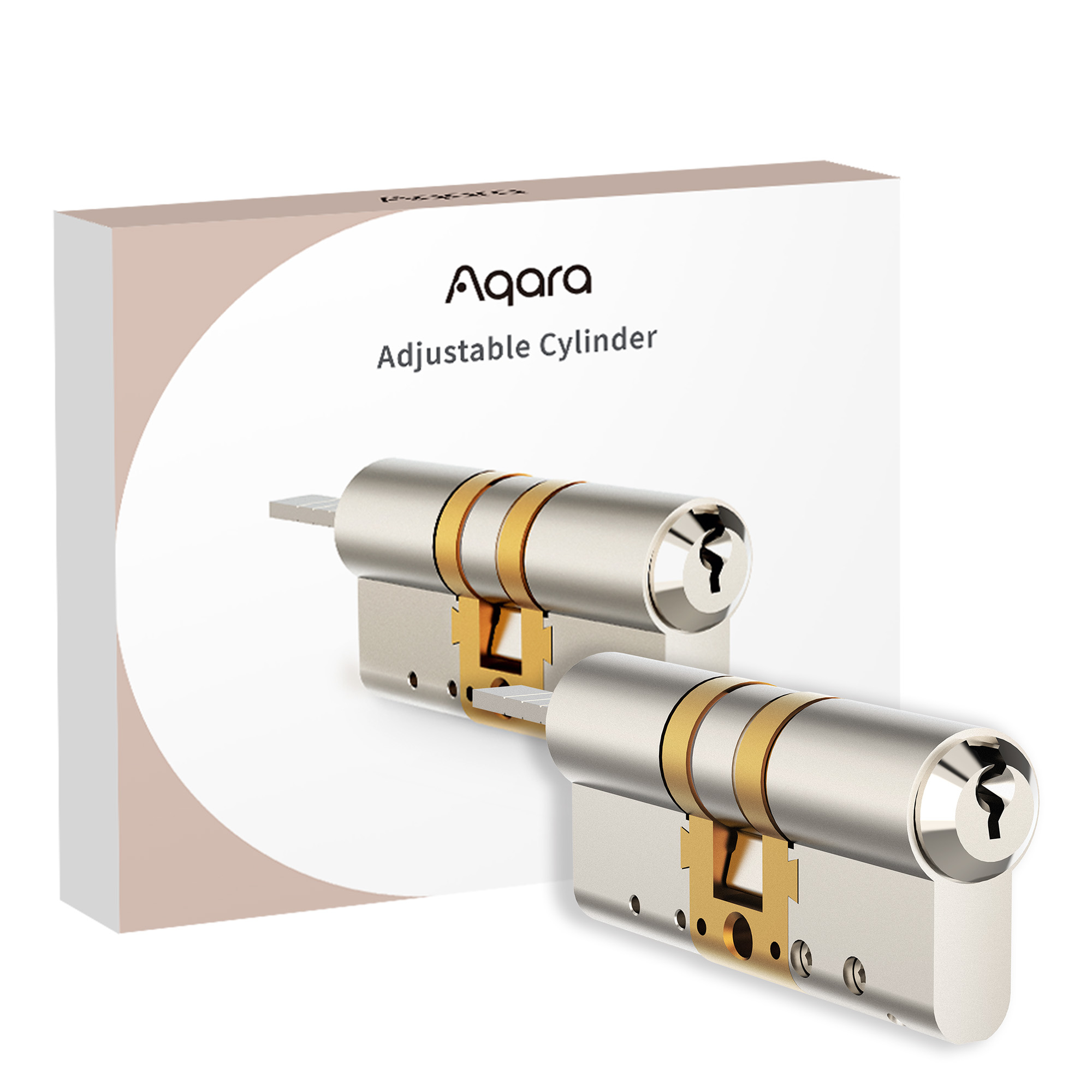Una scatola con l'etichetta Aqara Adjustable Cylinder, con due cilindri porta argento e oro davanti. Sfondo bianco.