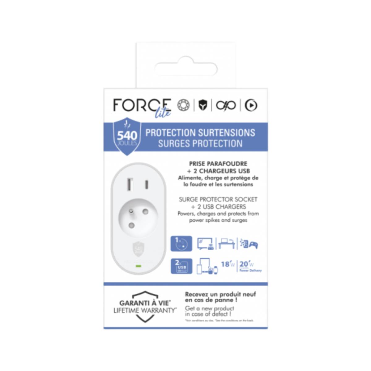 Weißer Überspannungsschutz mit französischem Stecker und 2 USB-Anschlüssen, beschriftet mit 'FORCE lite' und 'PROTECTION SURTENSIONS'.