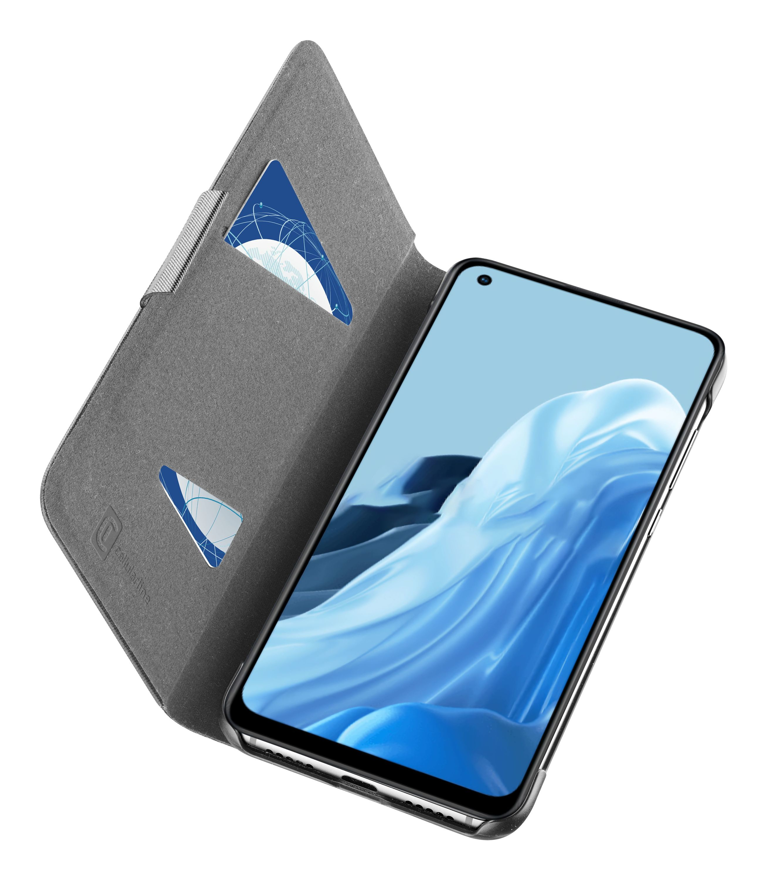 Smartphone in una custodia grigia. Lo schermo mostra uno sfondo blu. La custodia ha fessure per schede.