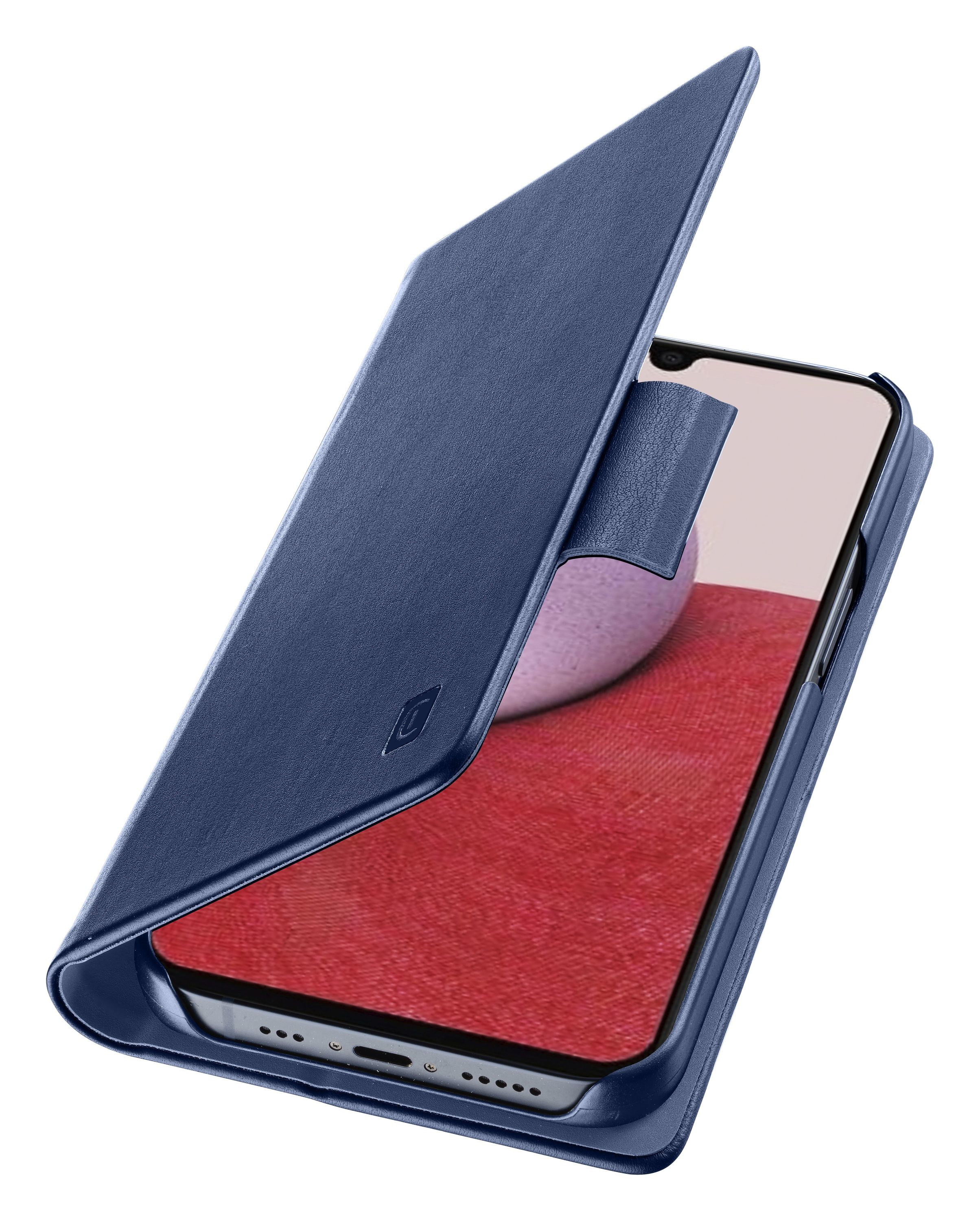 Eine blaue Handyhülle ist geöffnet und gibt ein Telefon frei. Das Gehäuse ist strukturiert und hat ein Logo. Der Bildschirm ist sichtbar.