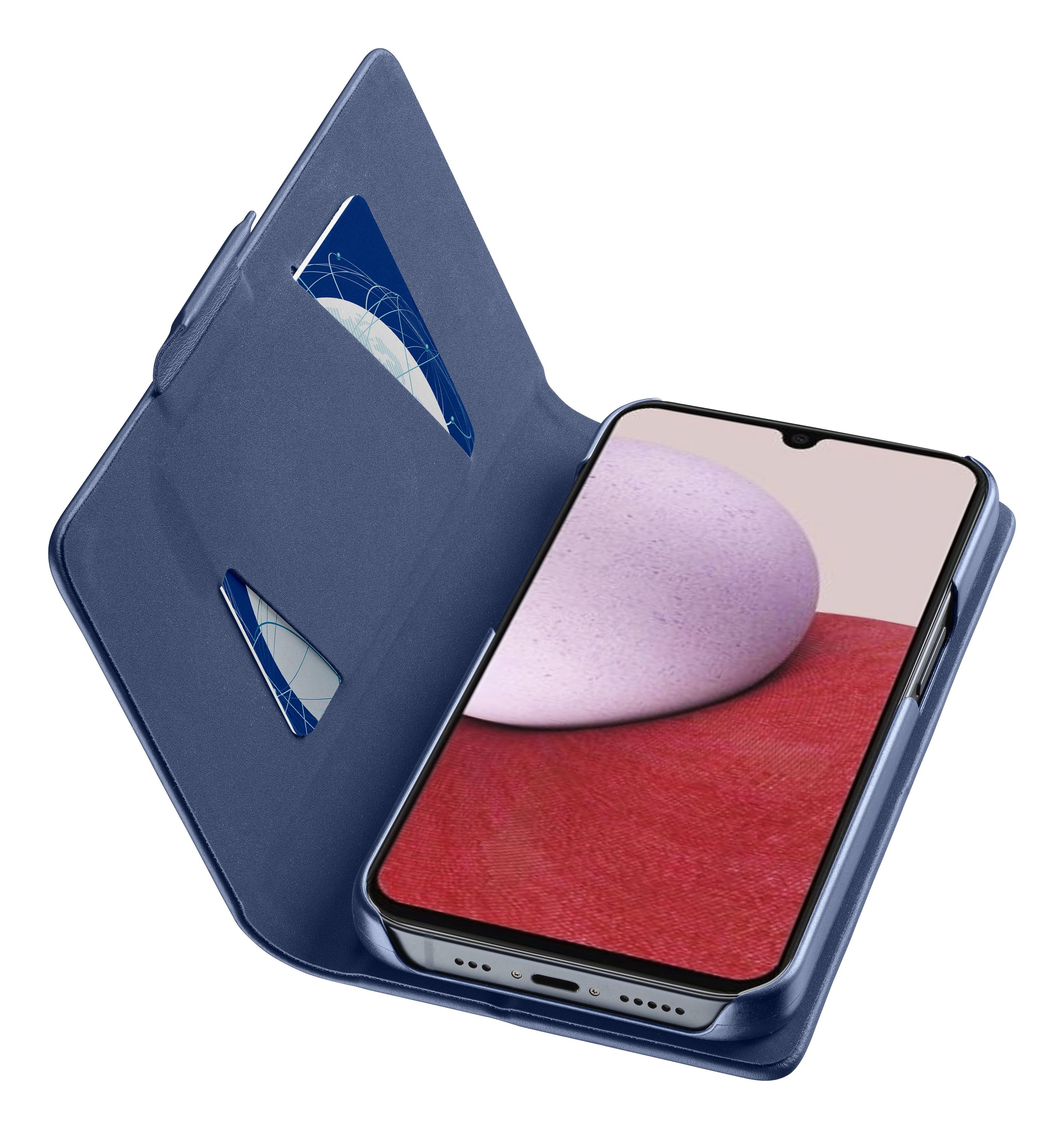 Eine blaue Handyhülle mit einem Telefon darin. Der Bildschirm des Telefons zeigt rote und violette Farben. Karten sind im Etui.