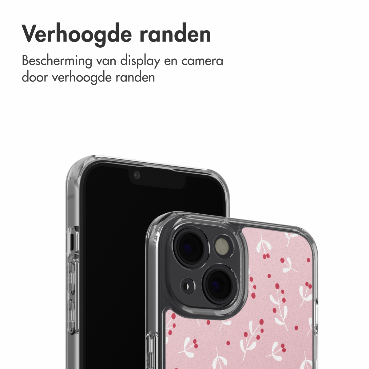 Un smartphone dans une coque transparente. La coque a un motif floral rose. Le téléphone est sur fond blanc.
