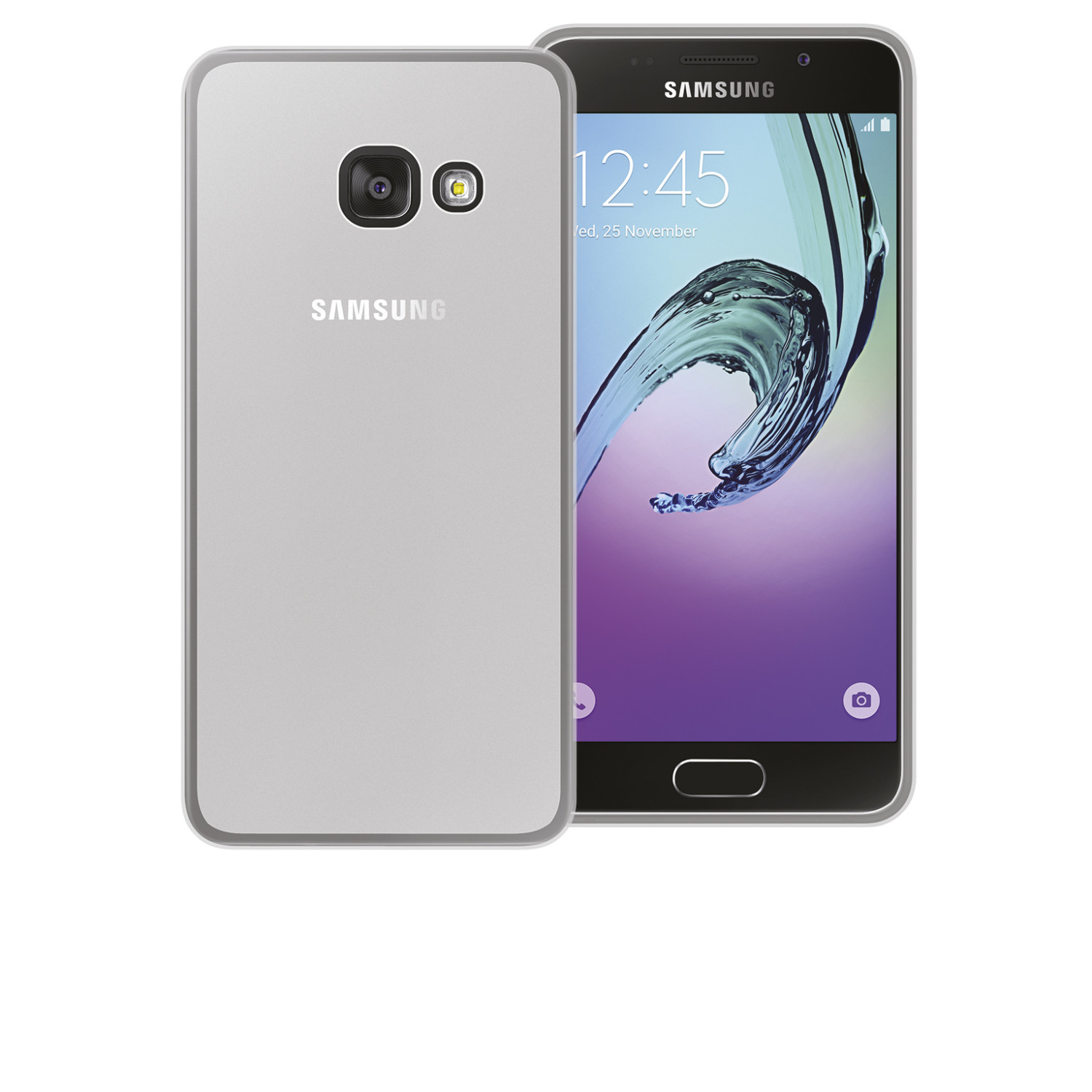 Zwei Samsung-Smartphones werden angezeigt. Eines zeigt die Rückseite, hellgrau, das andere den Bildschirm mit Uhrzeit. Beide haben das Samsung-Logo.
