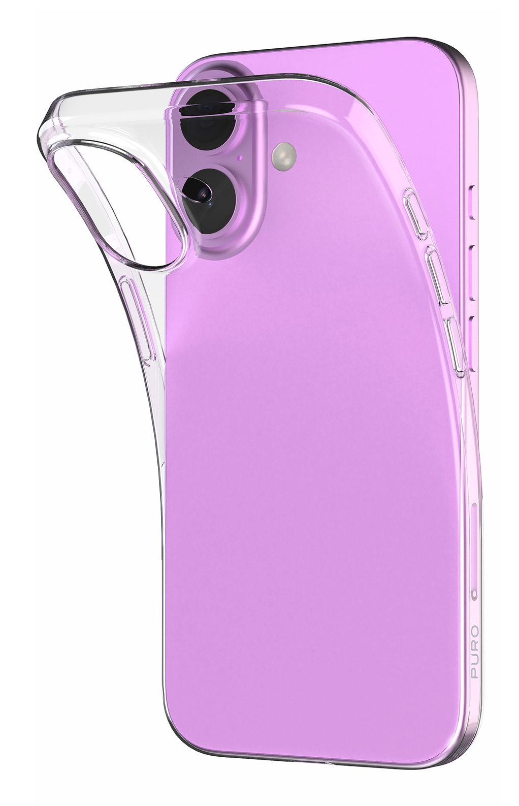 Una custodia trasparente per telefono su un telefono viola. La custodia evidenzia le fotocamere del telefono. La custodia è trasparente.