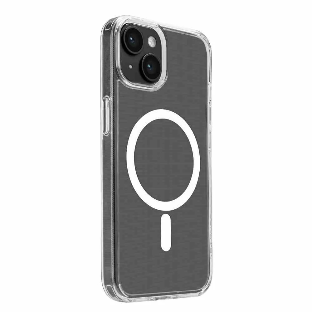 Una custodia trasparente per telefono con un design circolare bianco e una linea sotto. Il telefono ha due lenti.