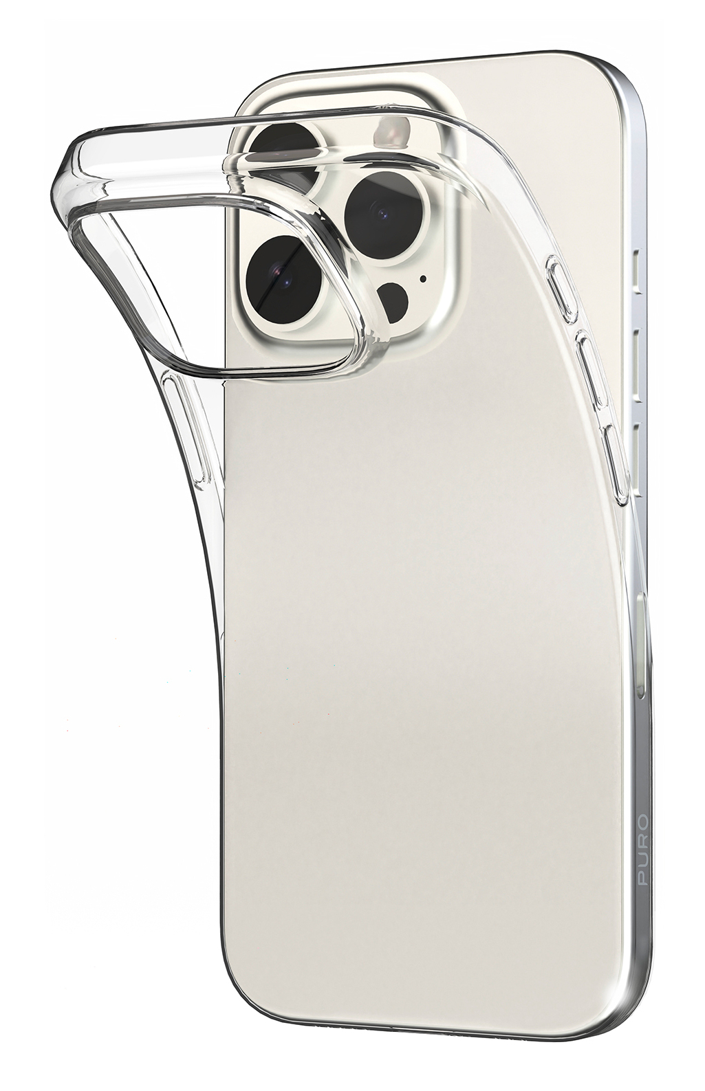 Una custodia trasparente per telefono copre un telefono. La custodia è trasparente e il telefono ha una cornice argentata con lenti della fotocamera nere visibili.