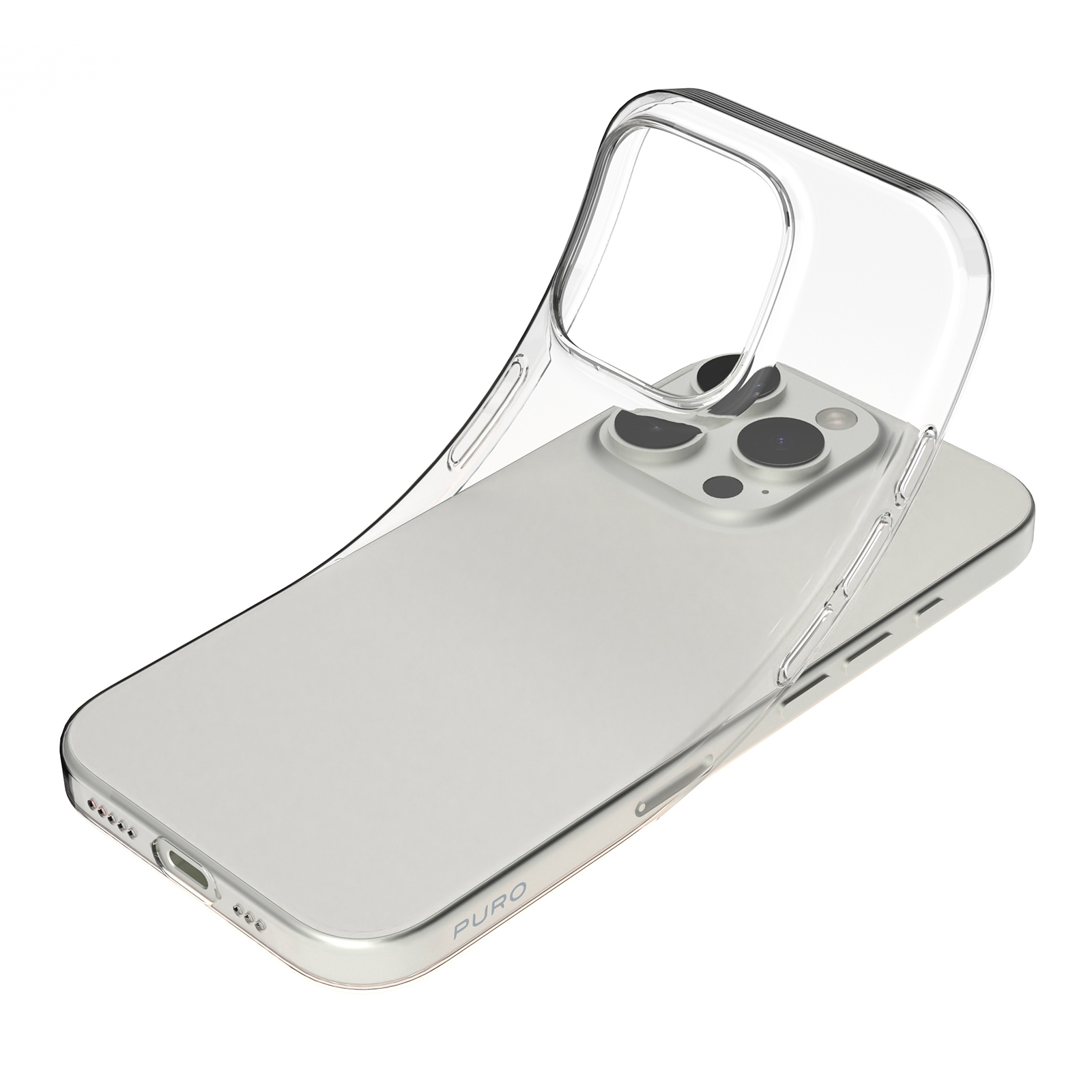 Un iPhone argentato con una custodia trasparente. La custodia è parzialmente sollevata, rivelando la fotocamera.