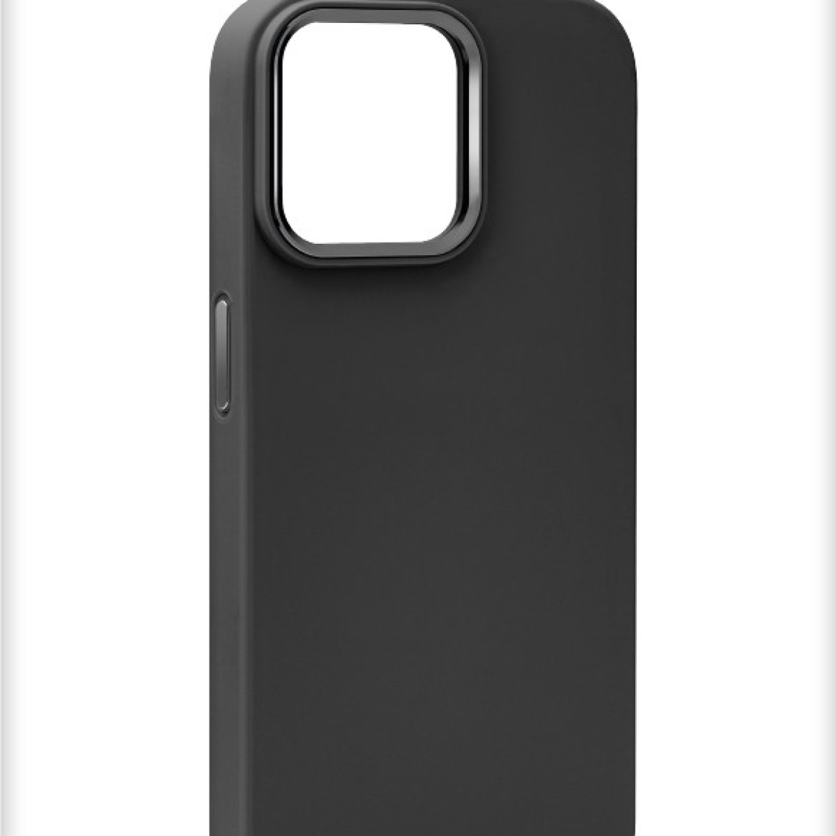 Primo piano di una custodia nera per telefono. Obiettivo della fotocamera e pulsante laterale visibili. Sfondo bianco.