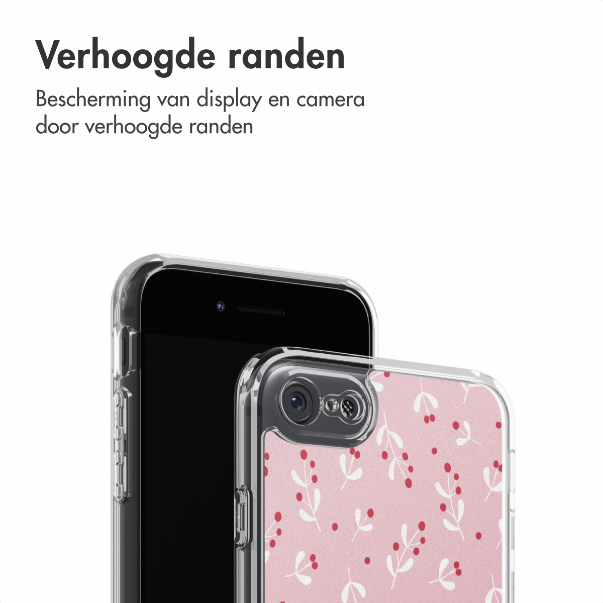 Close-up van een telefoon met een doorzichtige hoes. De hoes heeft een roze patroon met witte bladeren en rode stippen.