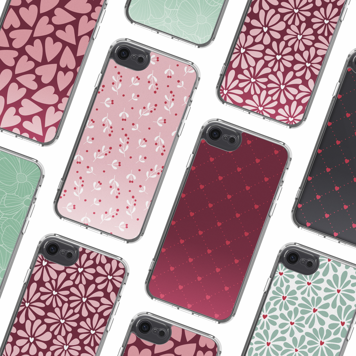 Een reeks telefoonhoesjes met verschillende ontwerpen. Sommige hebben harten, bloemen of bladeren, in roze, rood en groen, op een witte achtergrond.