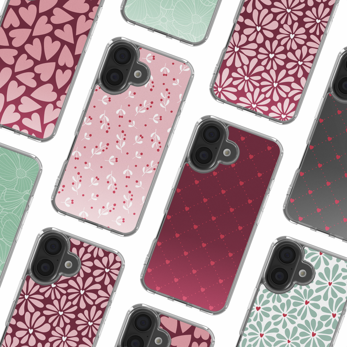 Diverse custodie per telefoni con vari modelli: cuori, fiori e design a pois in rosa, rosso, verde e grigio, tutto su sfondo bianco.