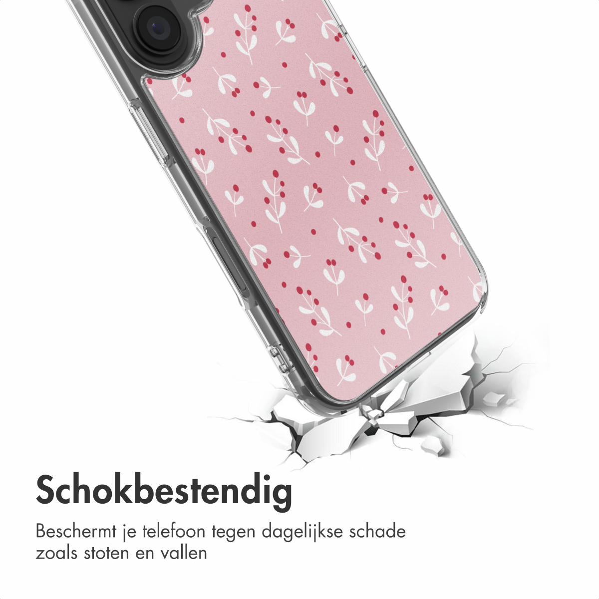 Una custodia per telefono con un motivo floreale rosa, che rompe una superficie bianca. La custodia ha un paraurti trasparente.