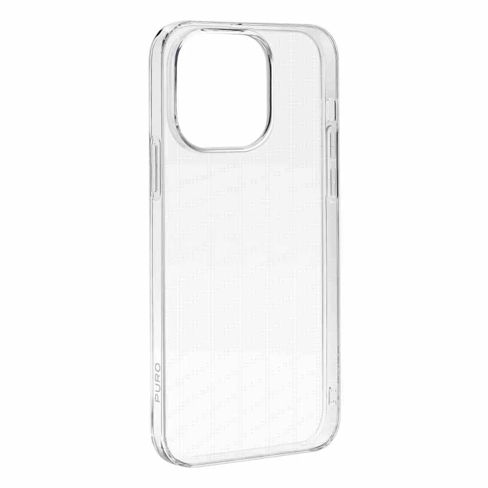 Eine durchsichtige Handyhülle mit Kameraausschnitt. Sie ist transparent, und das Wort 'PURO' ist vertikal aufgedruckt.