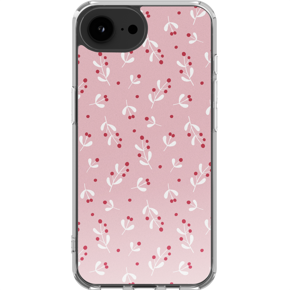Una custodia per telefono con sfondo rosa e un motivo di foglie bianche e bacche rosse.