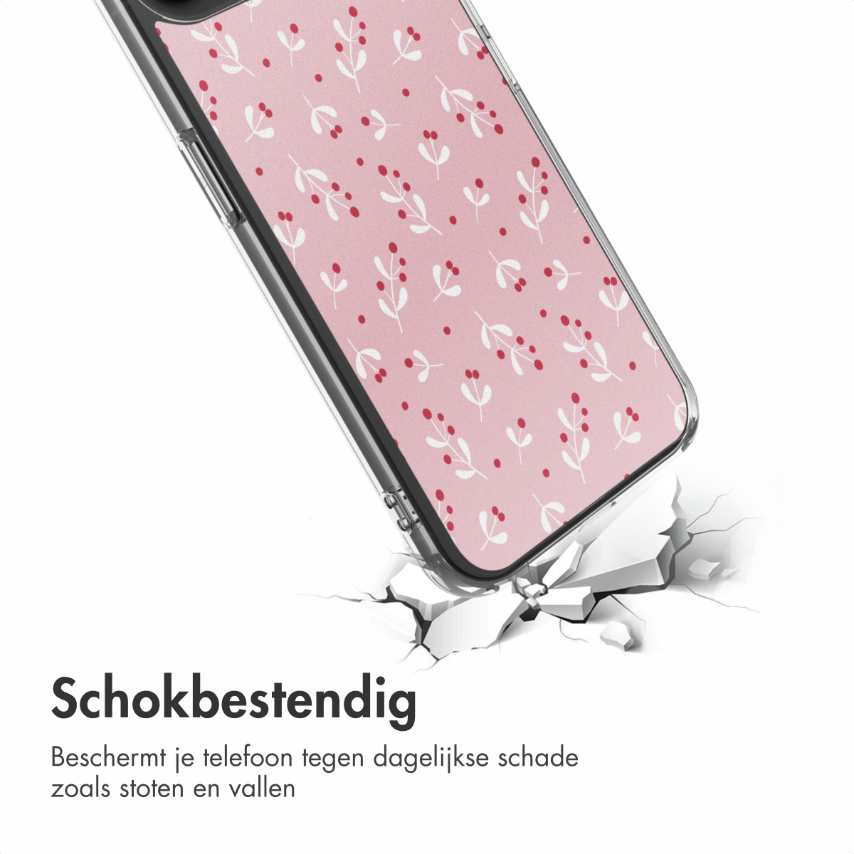 Custodia per telefono con motivo floreale rosa che rompe il terreno. La custodia è trasparente con bordi neri. Sfondo bianco e terreno crepato.