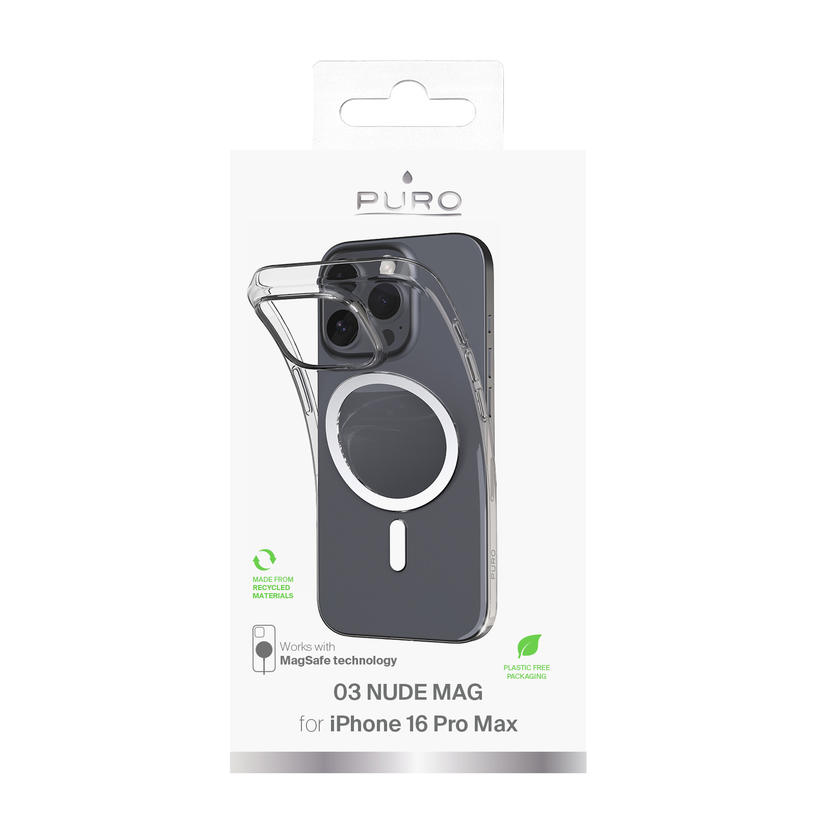 Una custodia per iPhone 16 Pro Max in una scatola. La custodia è trasparente e mostra il retro grigio del telefono.