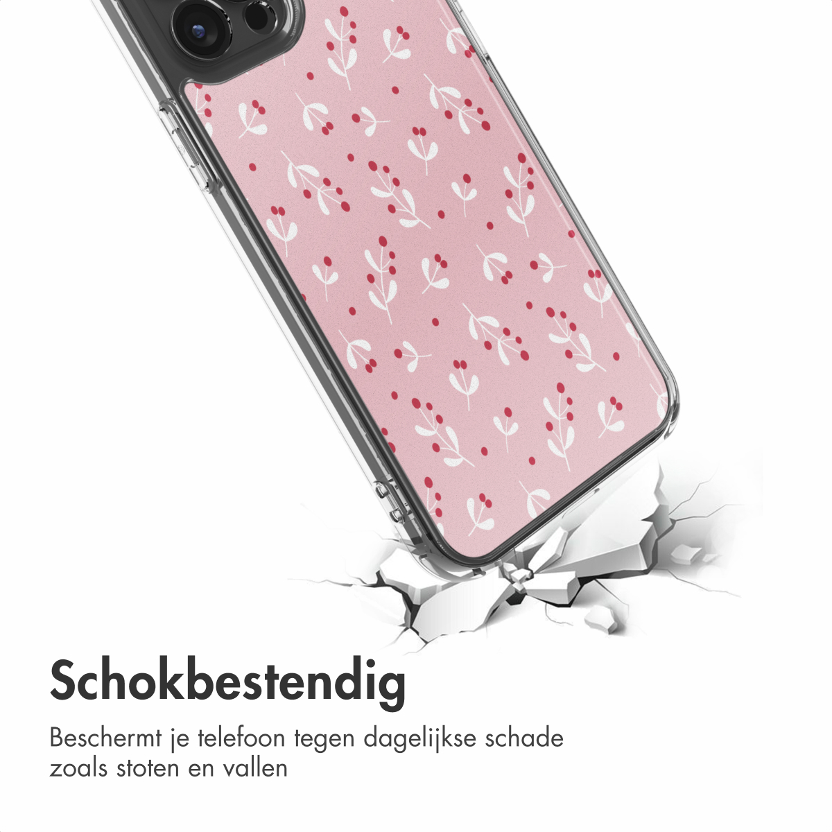 Una custodia per telefono con un motivo floreale rosa rompe una superficie bianca. Il testo dice 'Antishock'.
