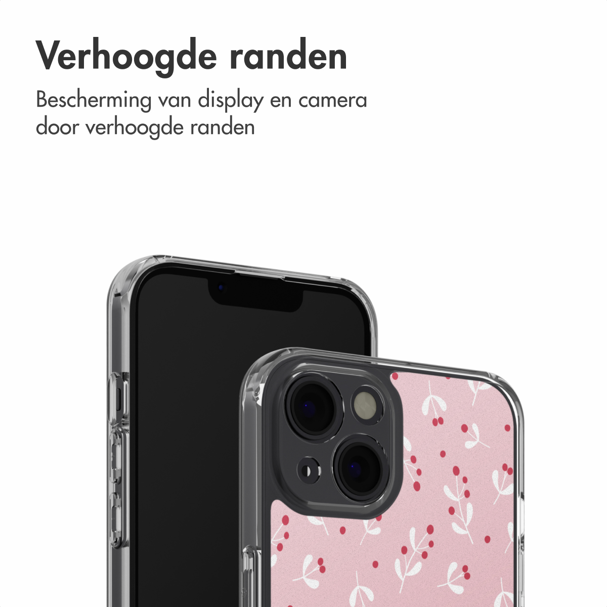 Due smartphone con custodie trasparenti. Uno mostra lo schermo; l'altro ha un motivo floreale rosa. Testo in alto: 'Bordi rialzati'.
