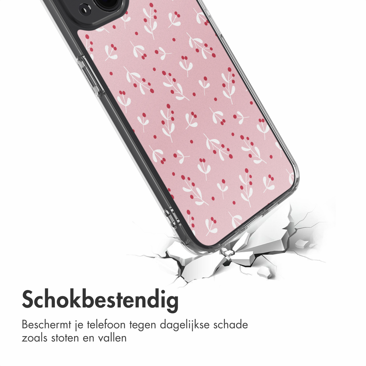 Una custodia per telefono con motivo floreale rosa, pavimento incrinato sotto e la parola 'Antishock' in olandese.