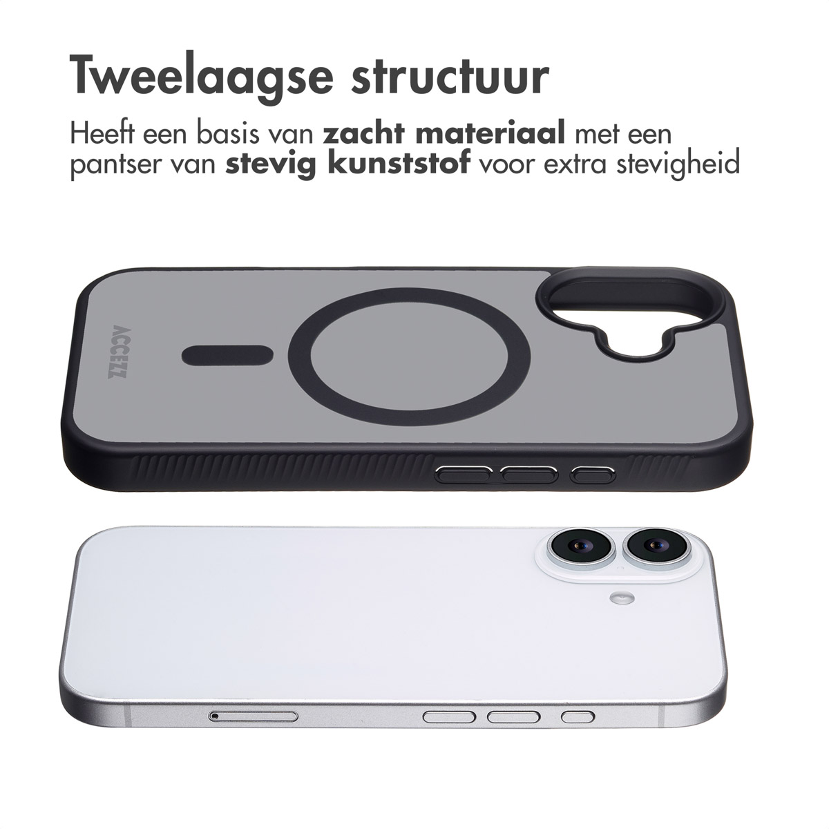 Un étui de téléphone à structure à deux couches est montré. La partie supérieure est noire avec un cercle gris, et le bas est un téléphone blanc.