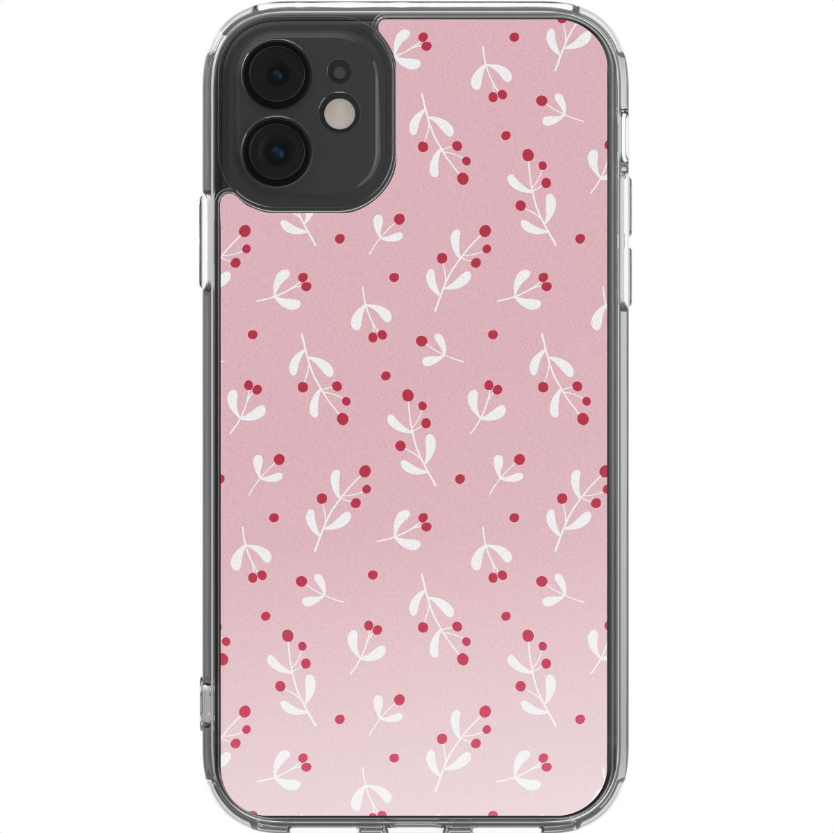Una custodia per telefono con sfondo rosa e un motivo ripetuto di foglie bianche e bacche rosse.