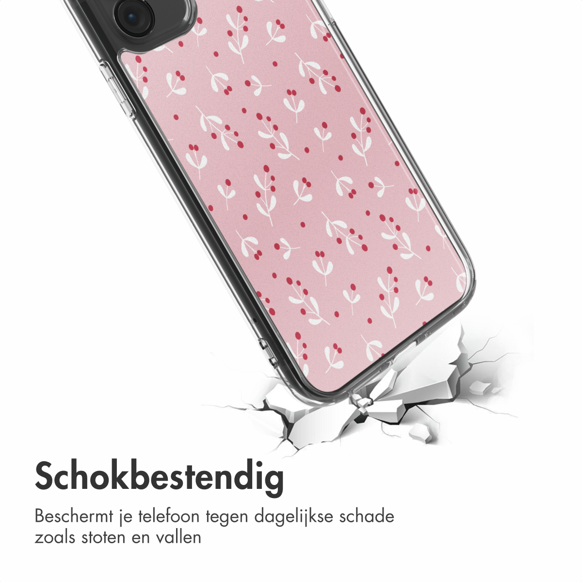Custodia per telefono con motivo floreale rosa, su superficie bianca crepata. Inclinata e testo sotto.