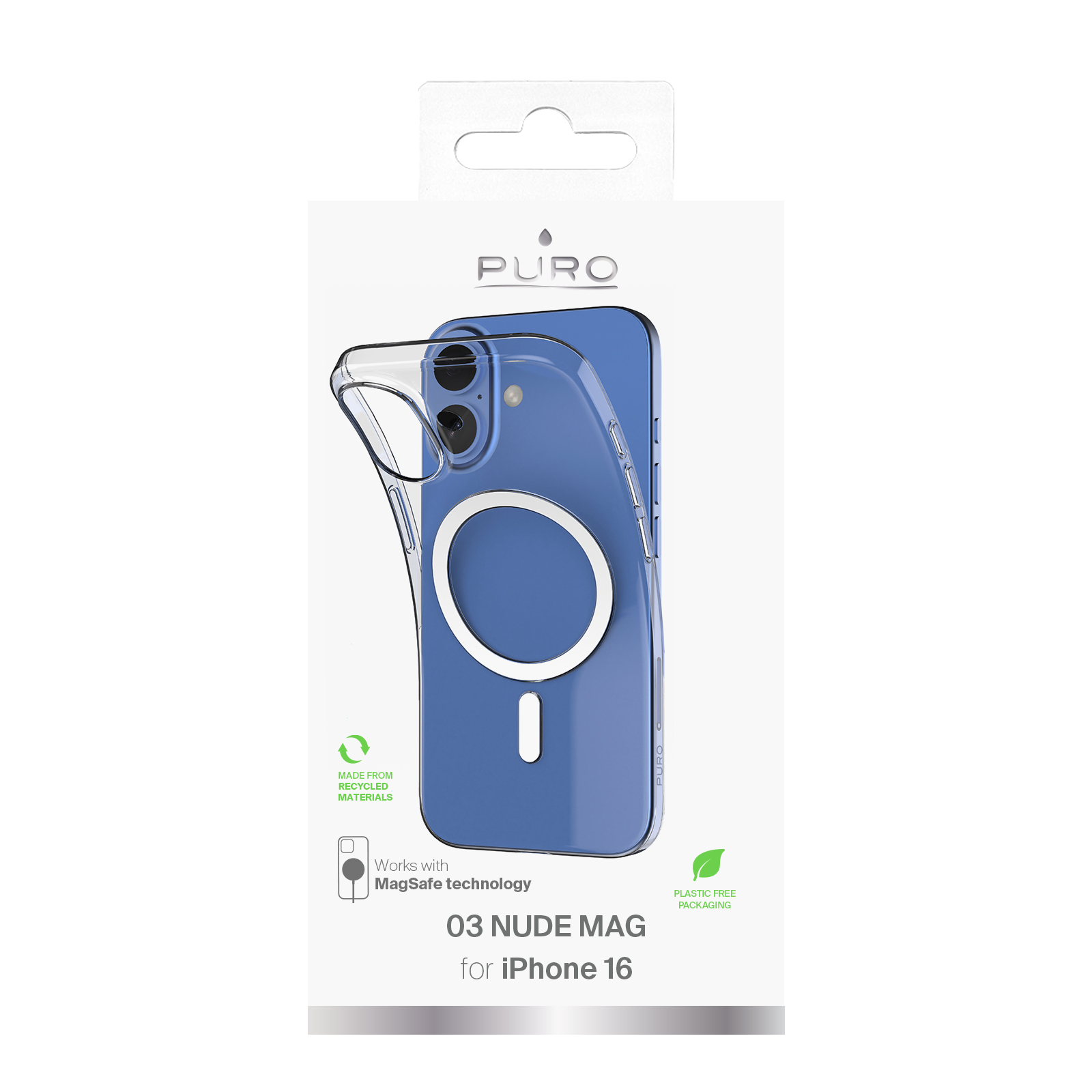 Un iPhone 16 con una custodia trasparente. La custodia ha un anello MagSafe e si trova in una scatola bianca con il logo Puro.