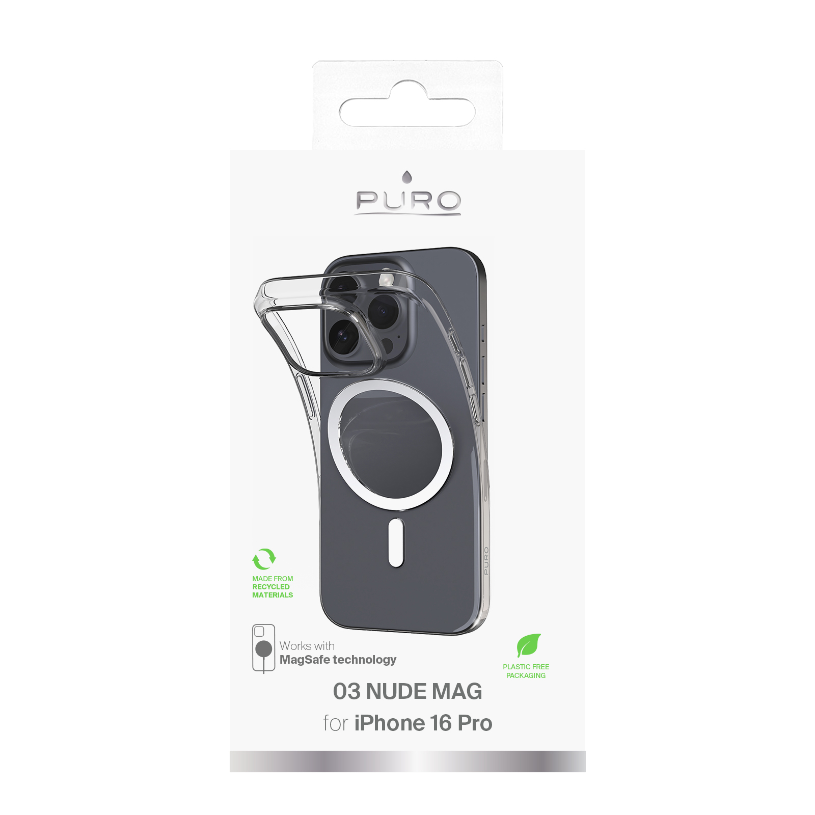 Una custodia per iPhone 16 Pro, in una confezione. È una custodia trasparente con un anello magnetico. Il marchio è Puro.
