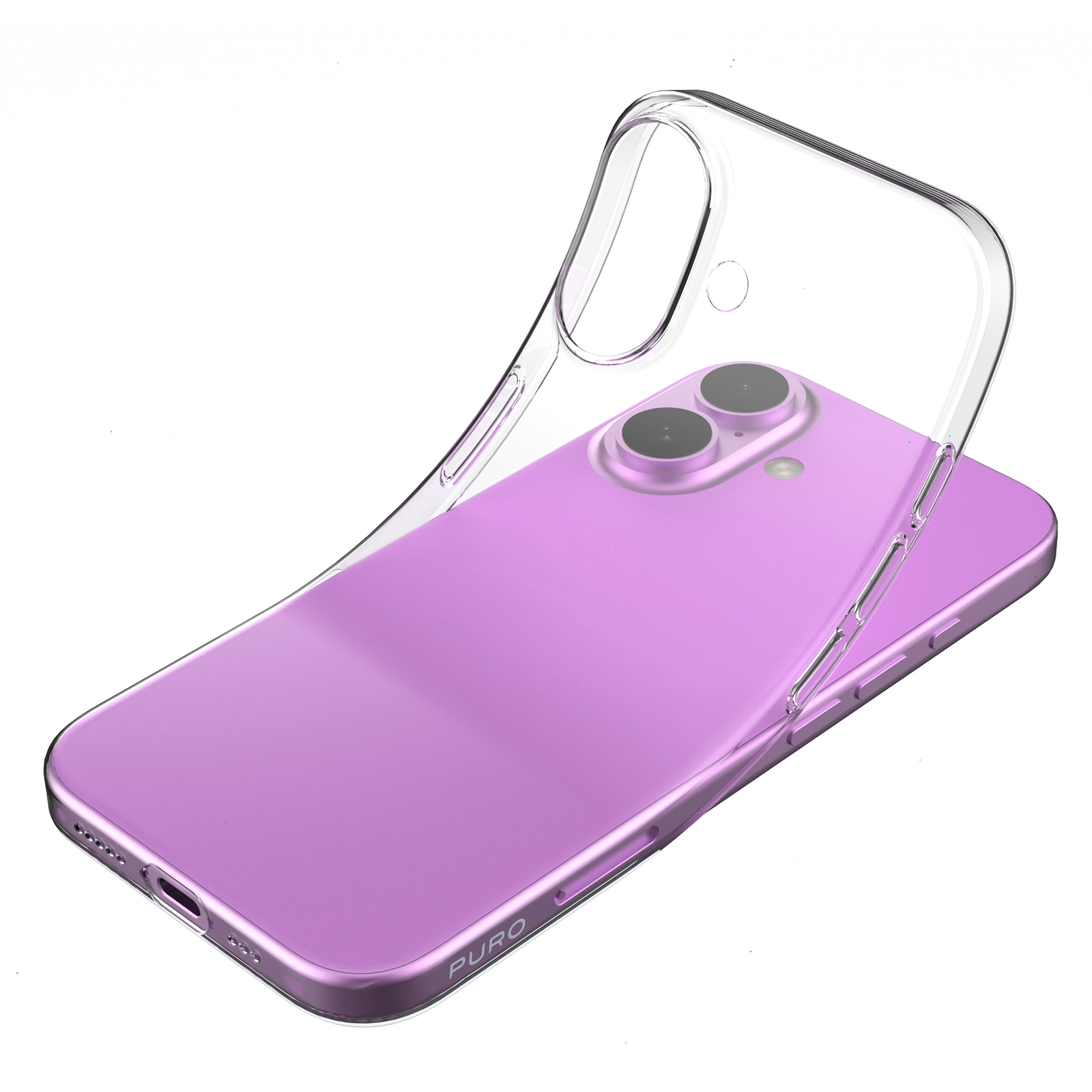Un telefono viola è all'interno di una custodia trasparente. Il telefono ha due fotocamere. La custodia è aperta.