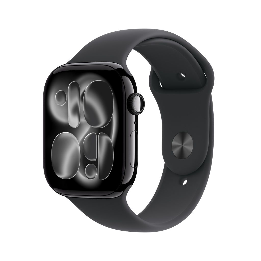 Wyświetlany jest czarny Apple Watch. Ekran pokazuje tarczę zegarka. Pasek jest ciemnoszary.