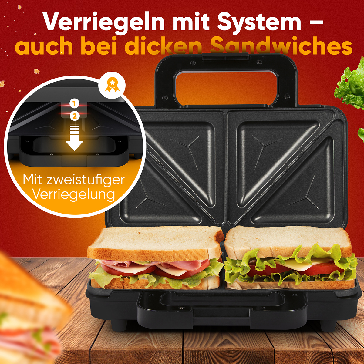 Ein Sandwichmaker mit zwei Sandwiches. Eines mit Schinken und das andere mit Salat und Tomate. Oben steht 'Verriegeln mit System'.