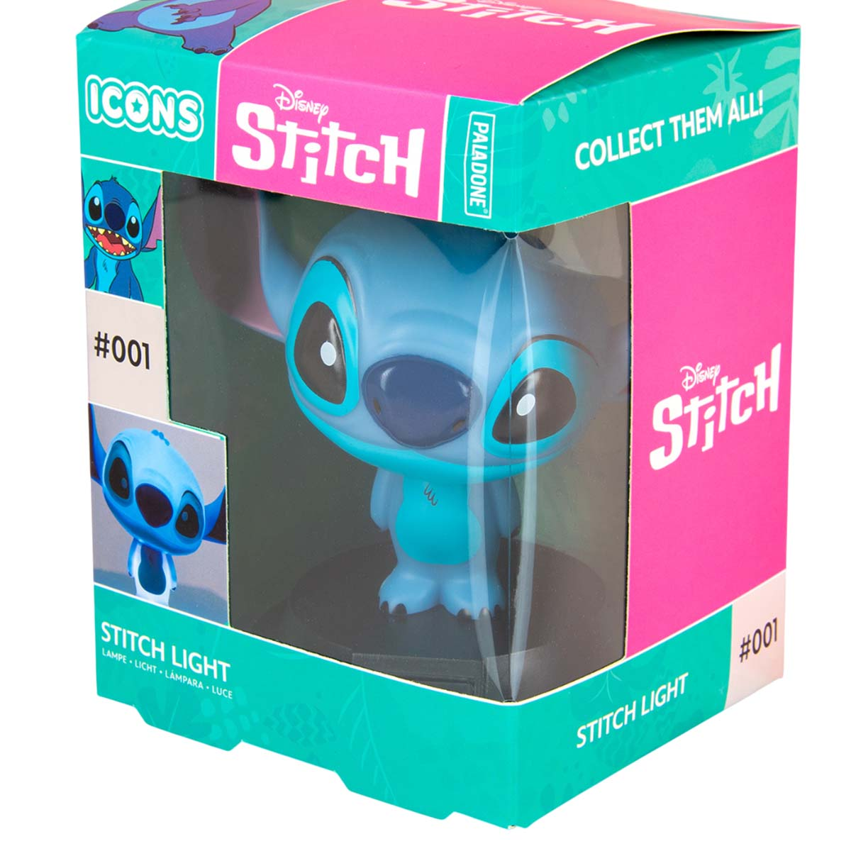 Eine blaue Stitch-Figur in einer Box. Die Box ist türkis und rosa, mit dem Stitch-Logo und "Sammelt sie alle!" darauf.