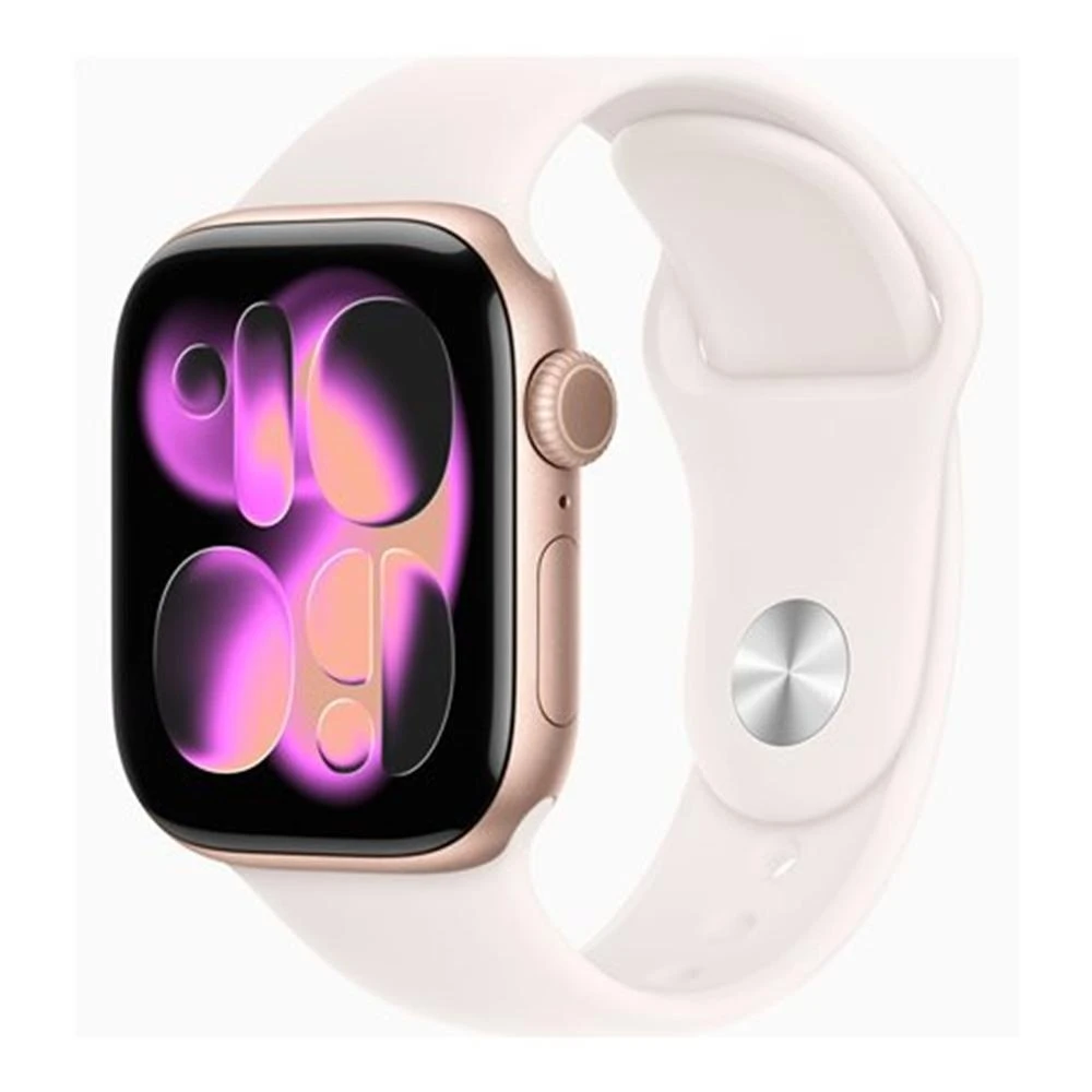 Złoty Apple Watch z różowym paskiem. Tarcza wyświetla kolorowy, abstrakcyjny wzór. Pasek ma srebrne zapięcie.