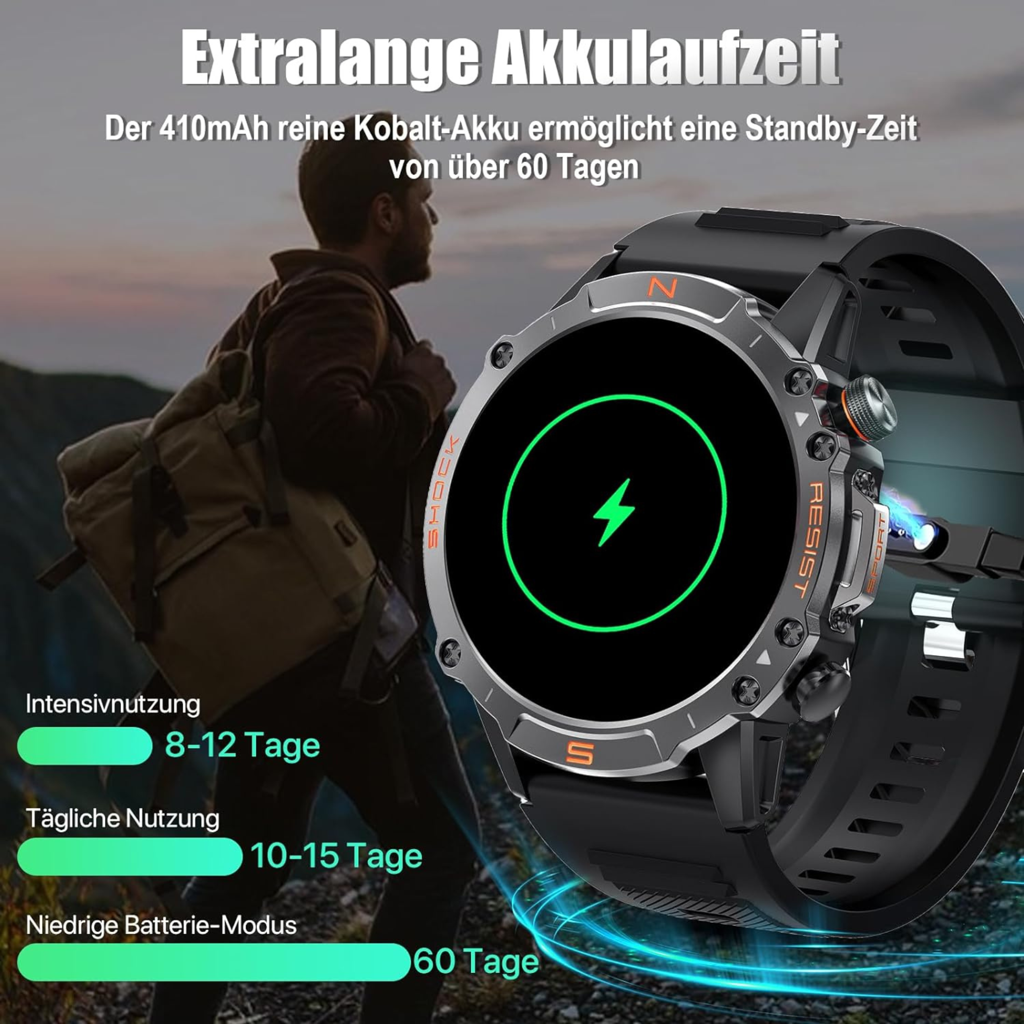Smartwatch z czarnym paskiem. Tarcza zegarka wyświetla zieloną błyskawicę. Tekst mówi, że zegarek ma długą żywotność baterii.