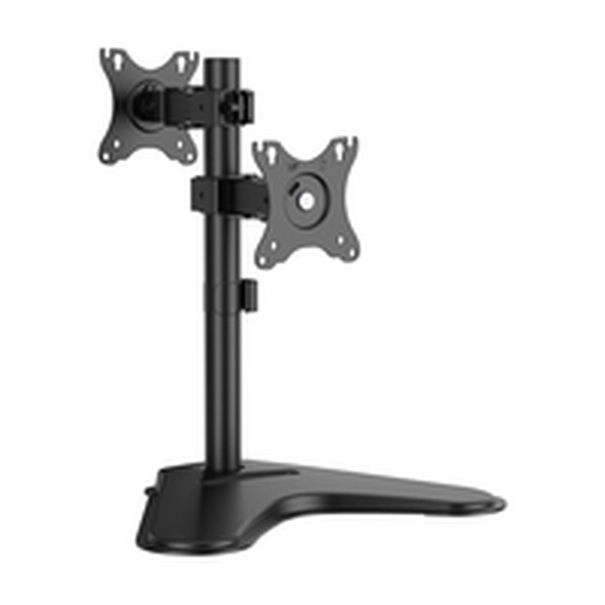 Un supporto nero per doppio monitor. Ha una base, un palo centrale e bracci per sostenere due monitor. Tutti gli elementi sono neri.