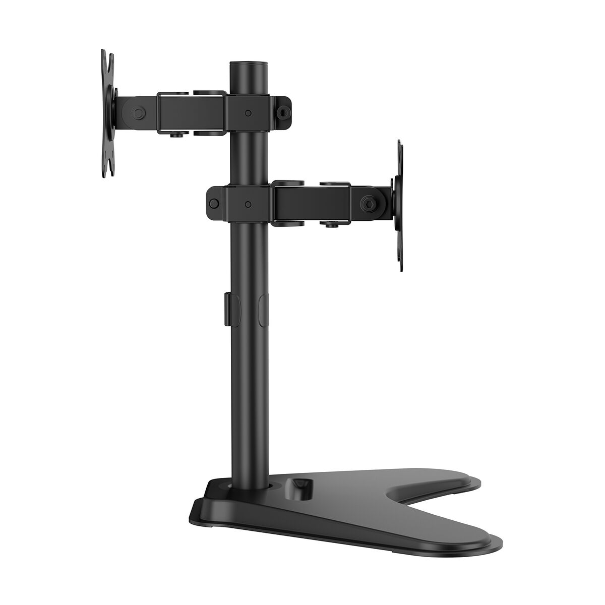 Supporto nero per doppio monitor con bracci e base regolabili. Il supporto è in metallo ed è progettato per contenere due monitor.