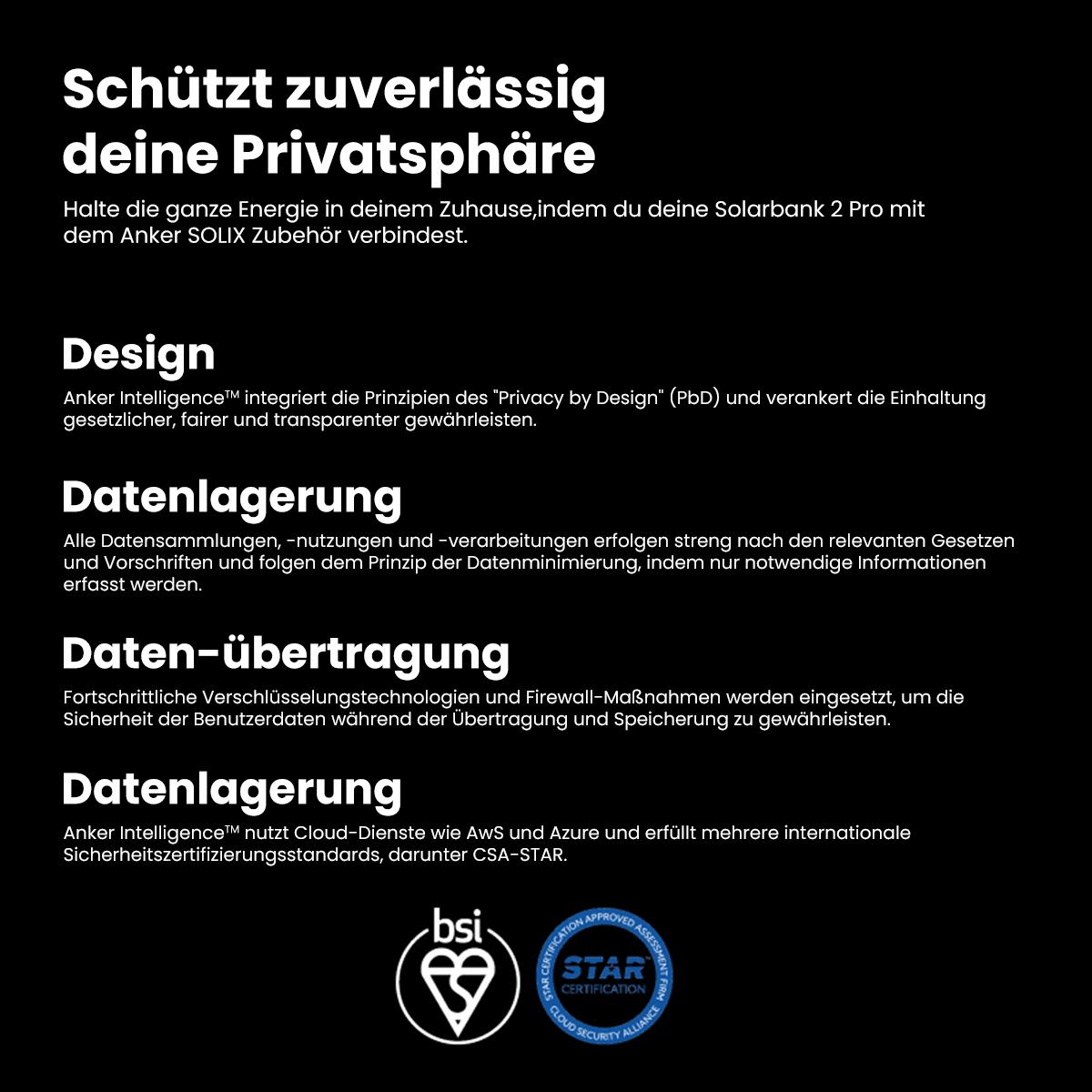 Schwarz-weißes Bild mit Text über Datenschutz und Sicherheit, einschließlich Logos und Zertifizierungen.