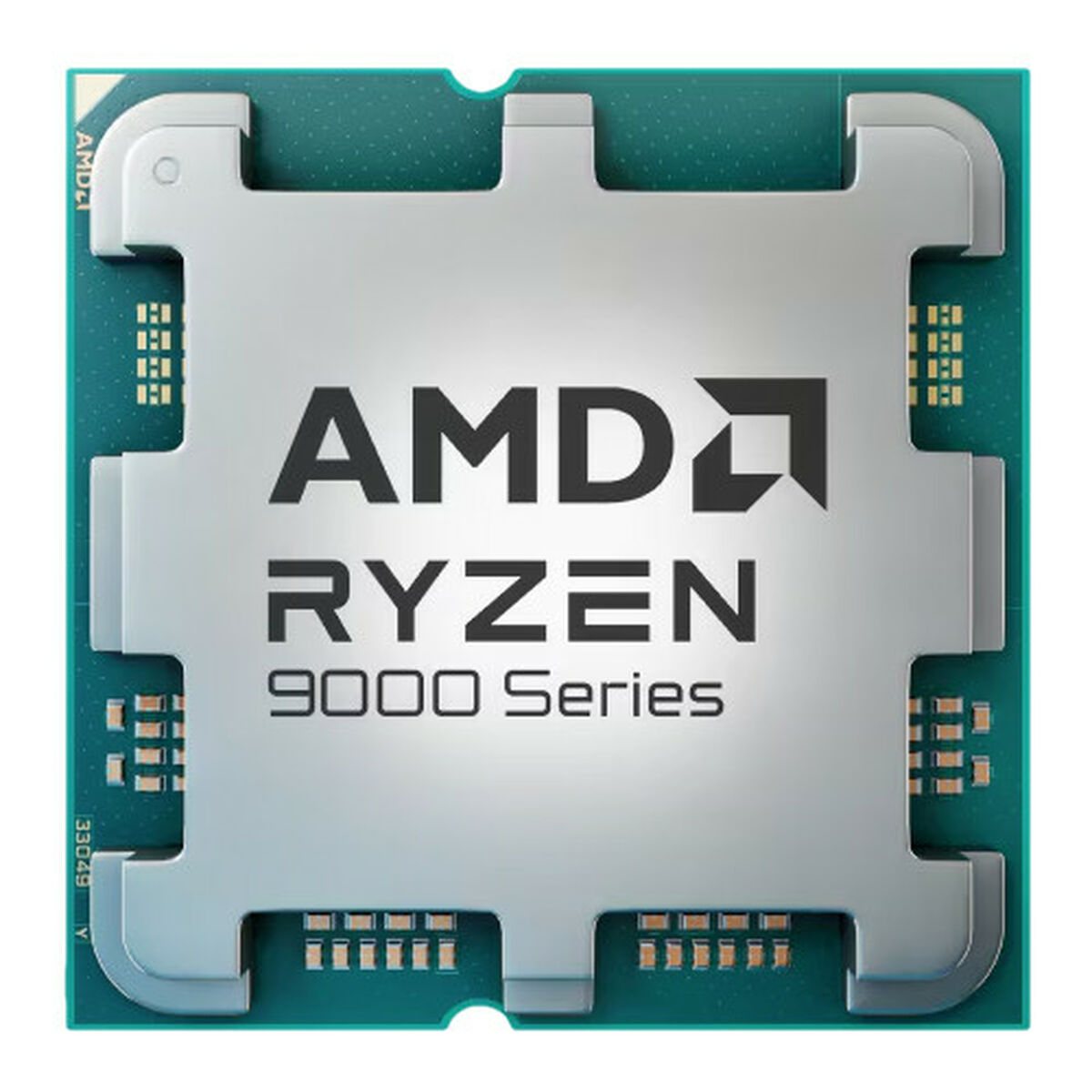 CPU AMD Ryzen Serie 9000. Metallo argentato con logo e marchio AMD. Sfondo verde del circuito stampato, forma quadrata.
