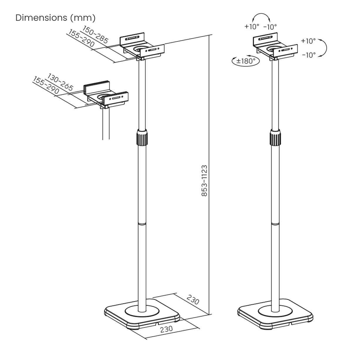 Diagramm von Lautsprecherständern mit Abmessungen. Zwei Ständer mit verstellbarer Höhe und Basis. Winkel und Messungen sind angegeben.