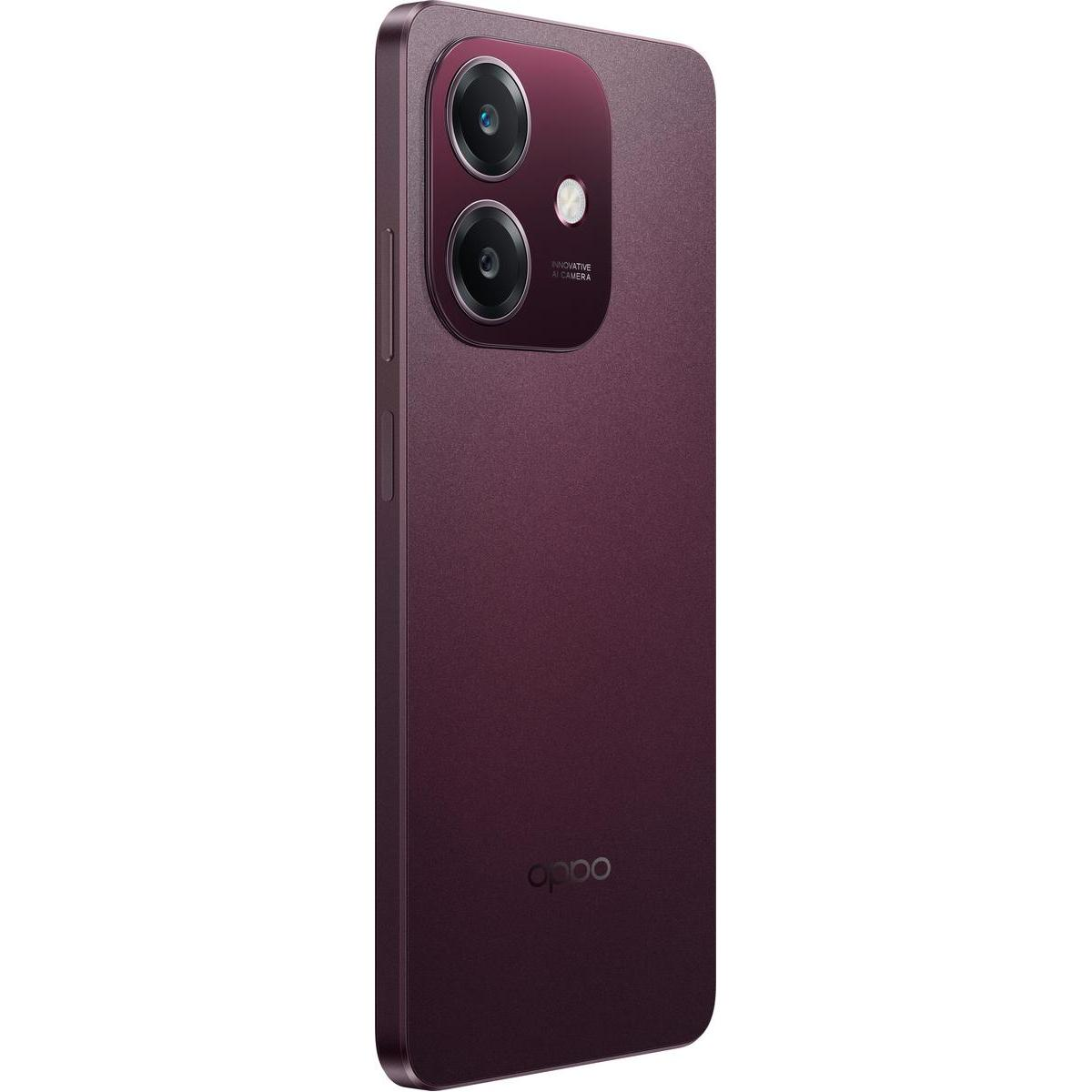 Un smartphone Oppo granate, vista en ángulo. Tiene un módulo de cámara con dos lentes y la etiqueta 'Innovative AI Camera'.