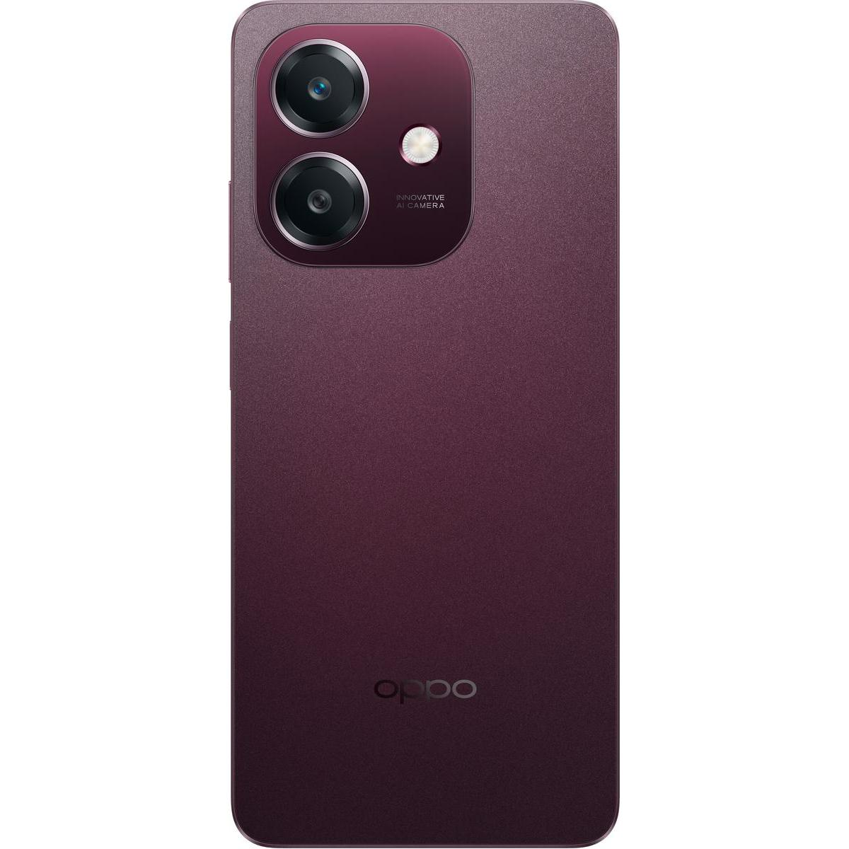 Un smartphone granate con un módulo de cámara que contiene dos lentes y un flash. La marca es Oppo.