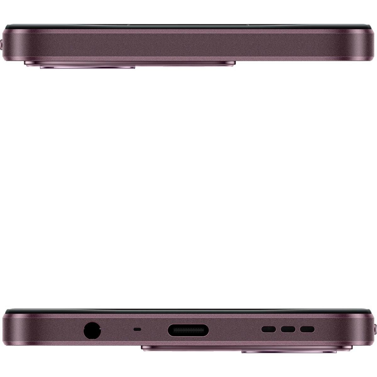 Dos vistas de un smartphone morado. La parte superior muestra el lateral, la inferior muestra la parte inferior con puertos y orificios sobre fondo blanco.