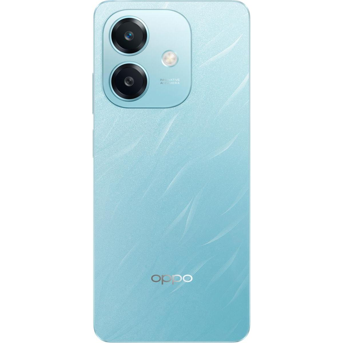 Retro del telefono Oppo blu chiaro. Presenta doppia fotocamera, flash e logo Oppo. Il retro ha un sottile motivo a onde.