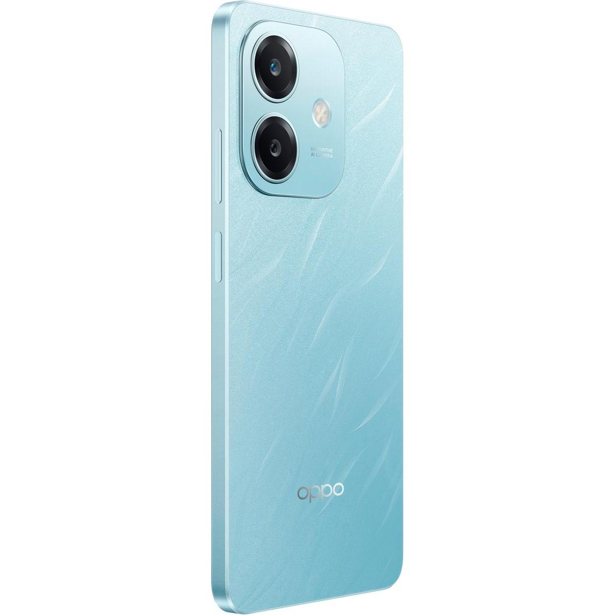 Uno smartphone azzurro con doppia fotocamera e logo Oppo. Il telefono ha una parte posteriore strutturata e un rigonfiamento della fotocamera.
