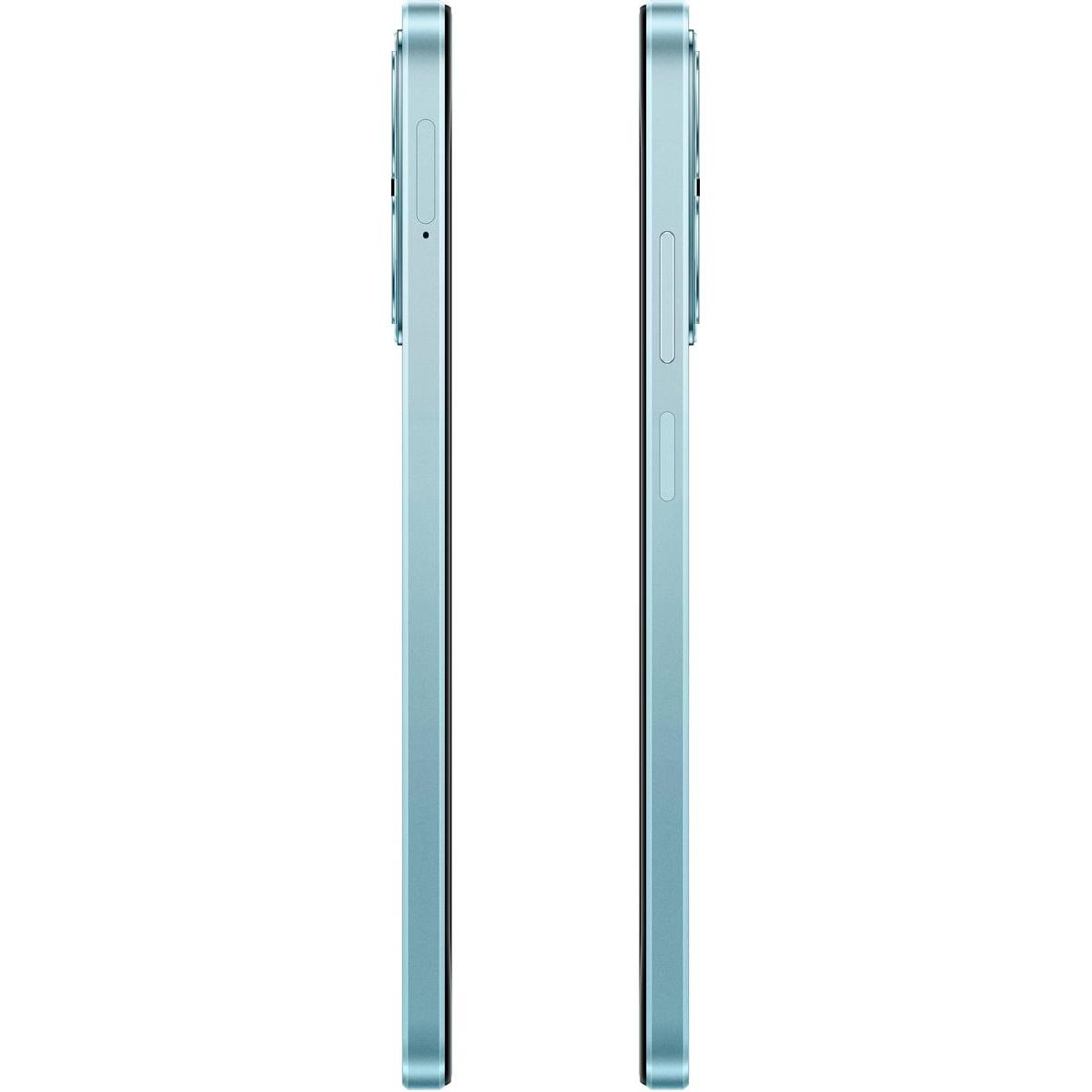 Due smartphone azzurri, vista laterale, posizionati verticalmente su sfondo bianco. I pulsanti di accensione e volume sono visibili.