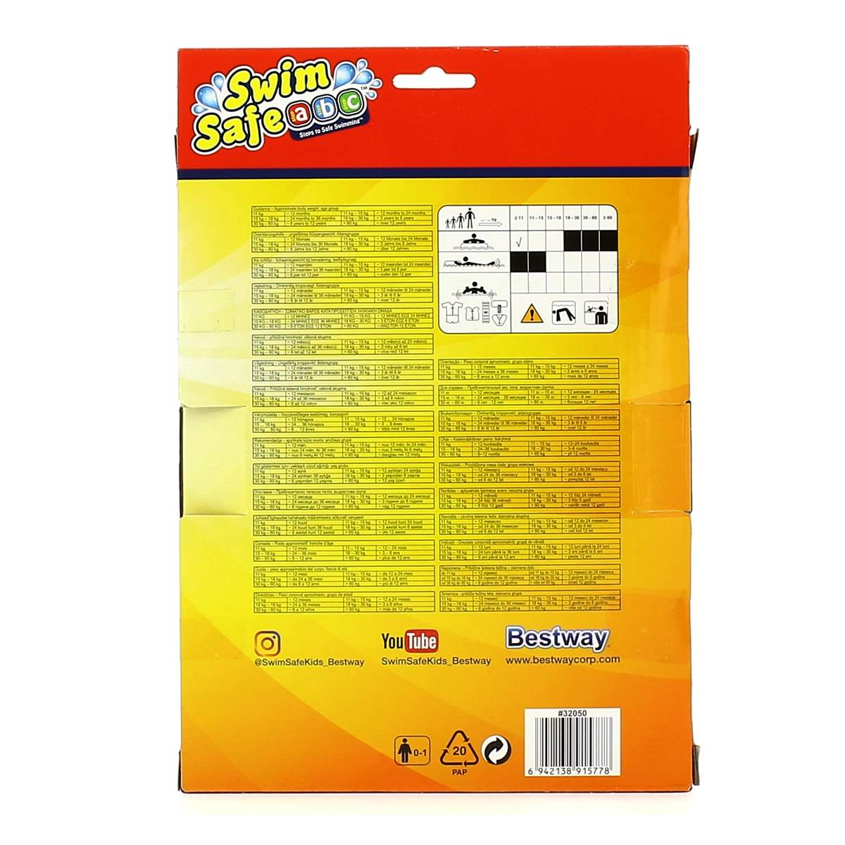 Una scatola di prodotto con testo e grafica relativi alla sicurezza in acqua. Contiene il logo Swim Safe, le istruzioni e il marchio Bestway.