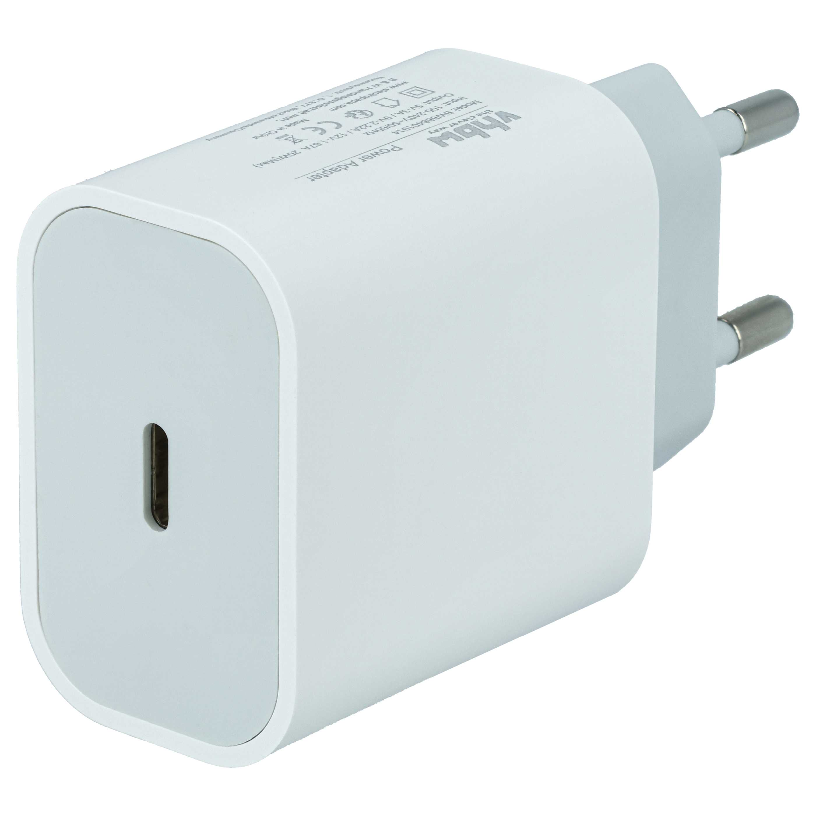 Ein weißes Netzteil mit USB-C-Anschluss und Zweipol-Stecker.