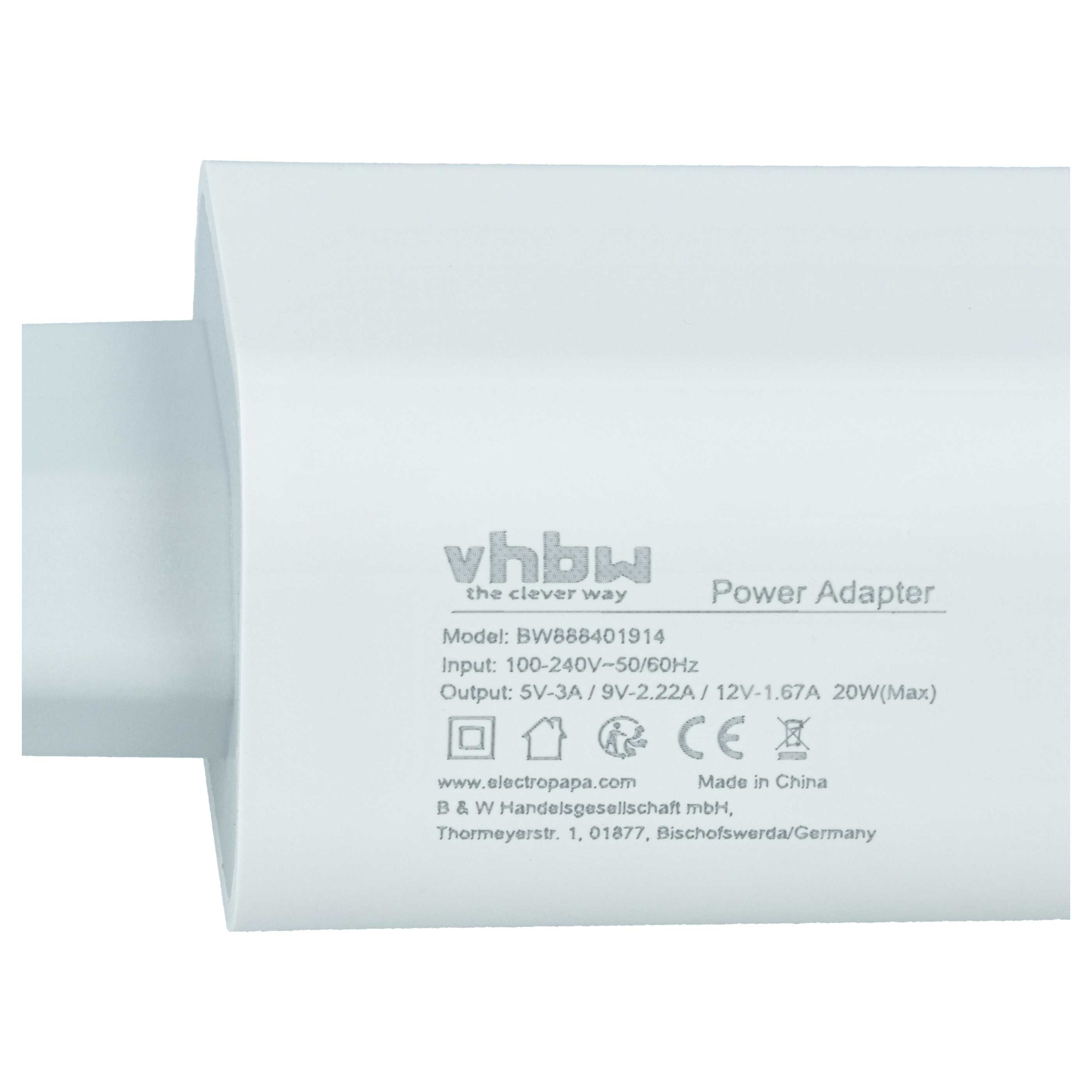 Ein weißes Netzteil mit Text: vhbw, Modell BW888401914, Eingangs-/Ausgangsdetails und CE-Zeichen.