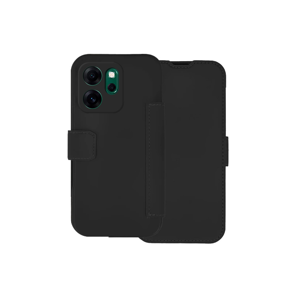 Custodia nera per telefono con cover a ribalta, con un ritaglio per la fotocamera. La custodia è aperta, rivelando il telefono.